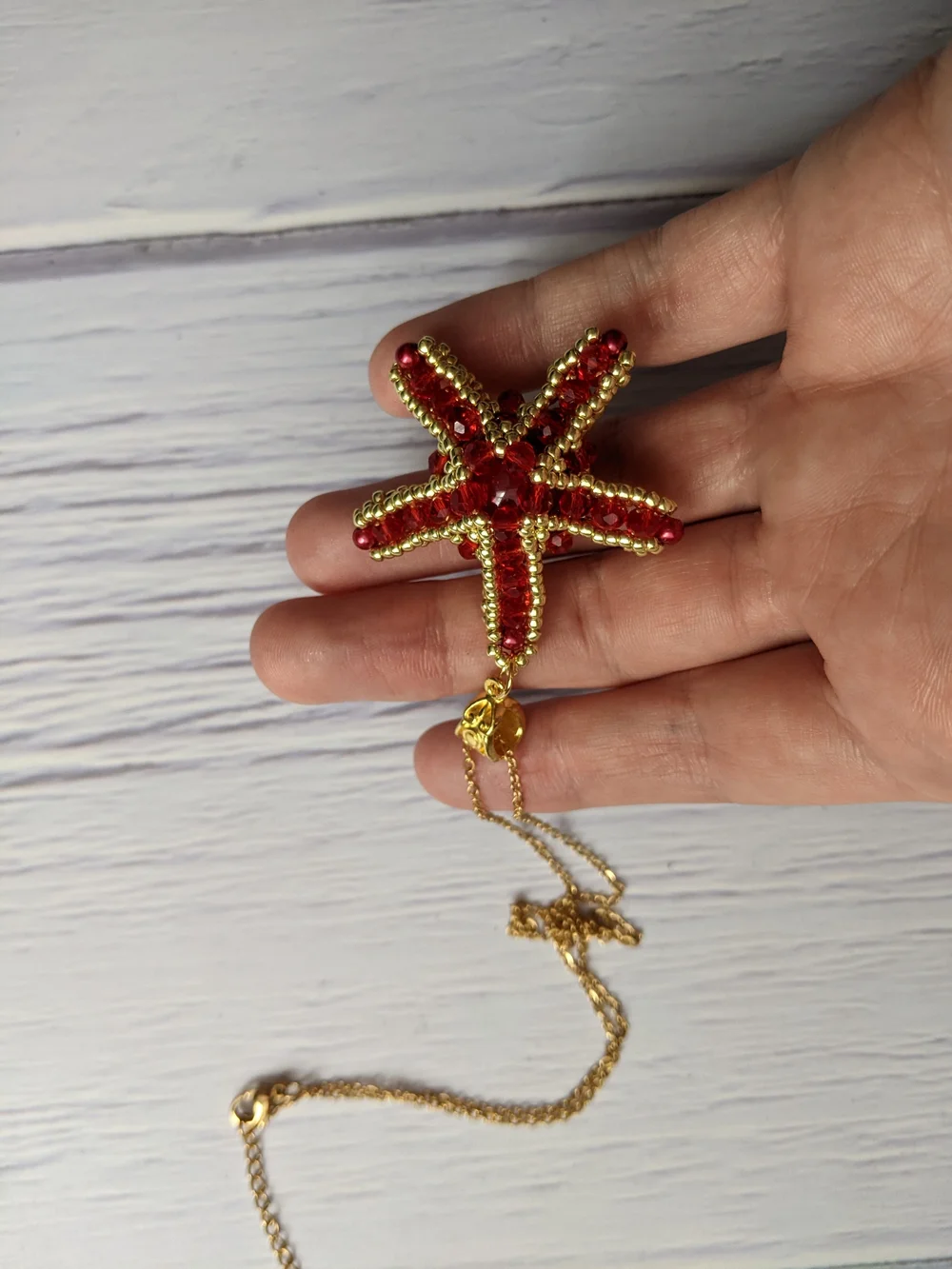 Gold Starfish Pendant Necklace with Red Crystal Accents - Women Jewelry